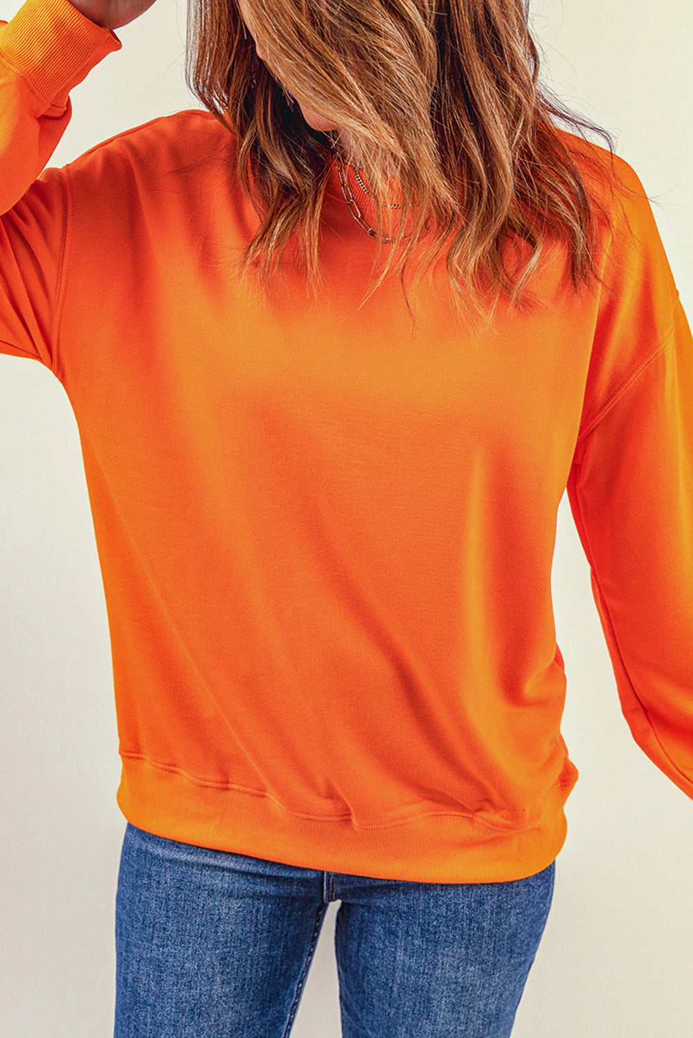 Orange Plain Crew Neck Pullover Sweatshirt