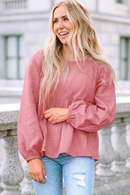 Pink Bubble Sleeve Textured Flowy Blouse