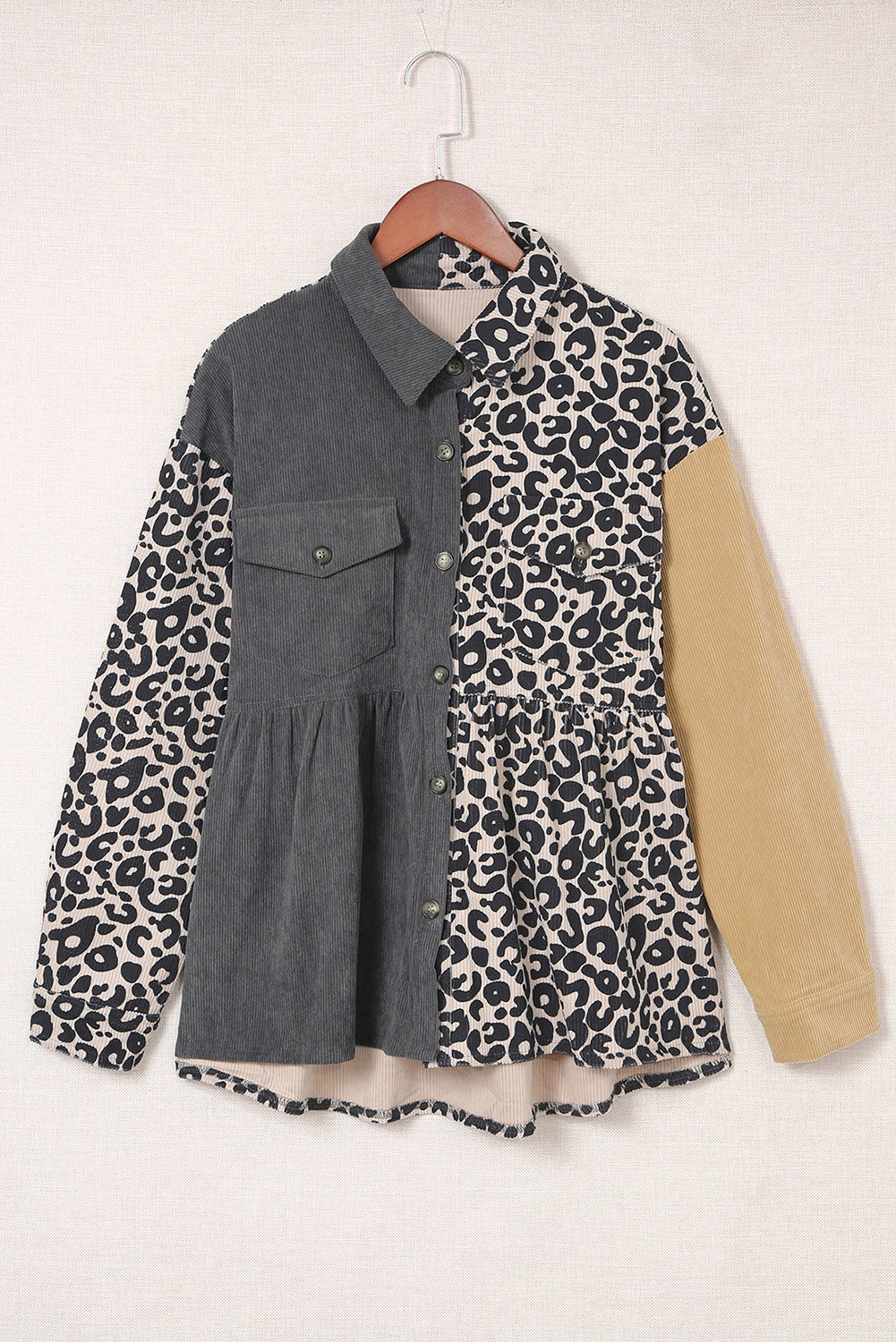 Leopard Colorblock Corduroy Shirt Jacket