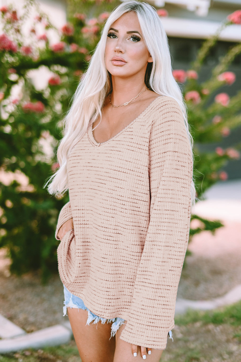 Pink Waffled Knit Long Sleeve V-Neck Frayed Top