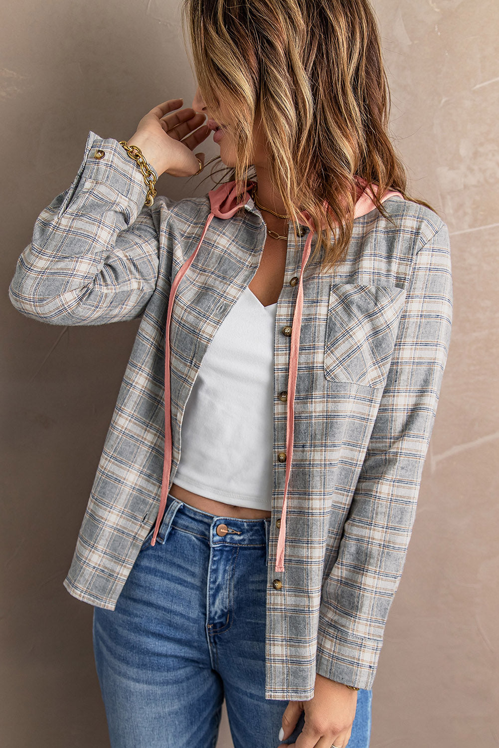 Khaki Drawstring Plaid Hooded Shacket