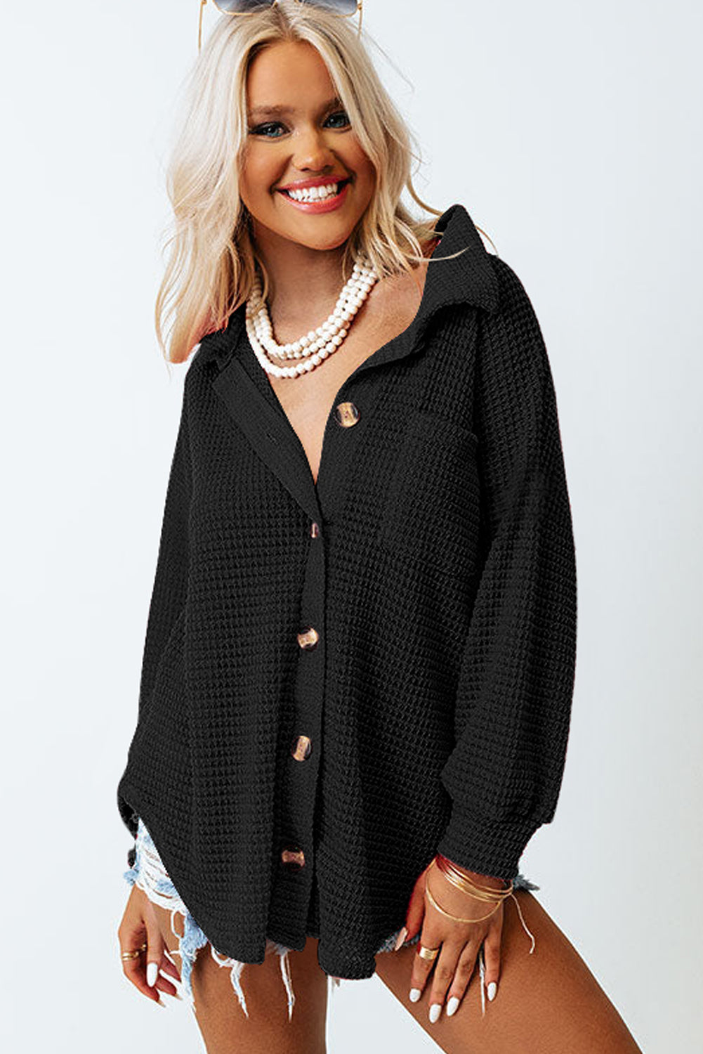 Black Waffle Knit Button Up Casual Shirt