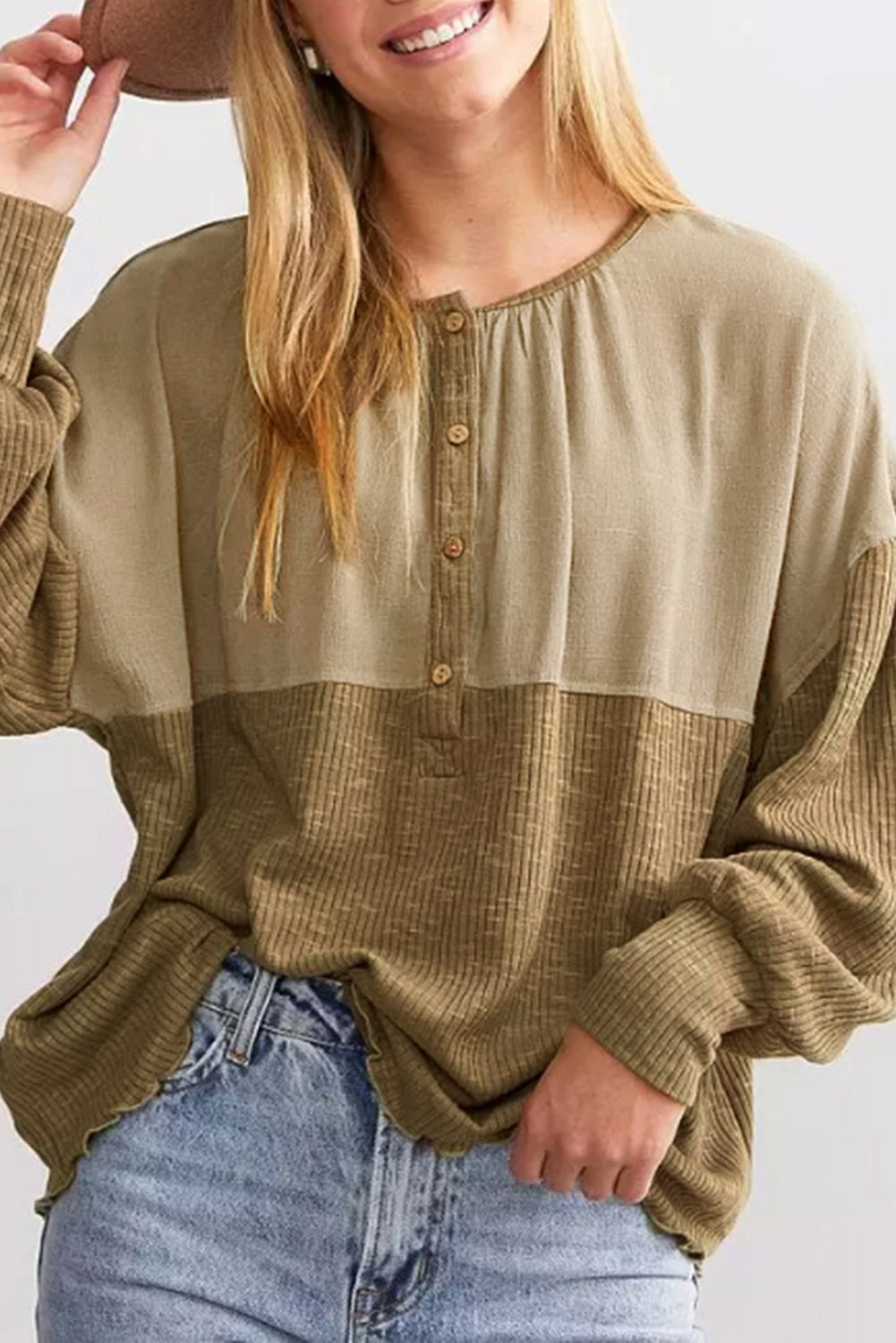 Khaki Ribbed Patchwork Drop Shoulder Buttoned Neckline Blouse