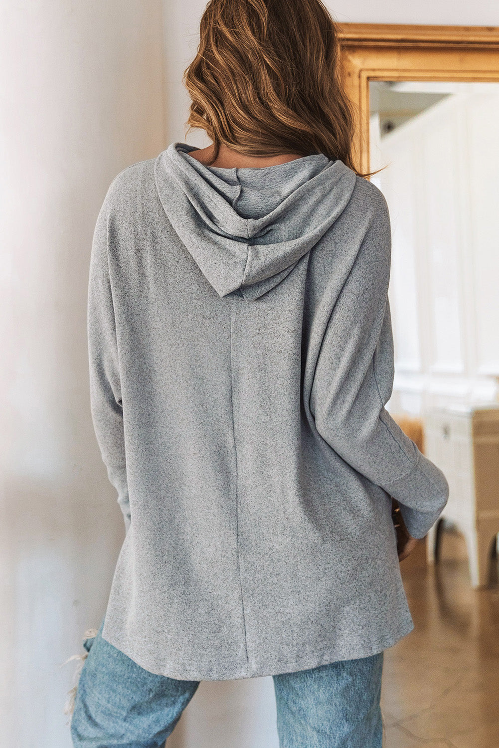 Gray Loose Drawstring Pullover Hoodie