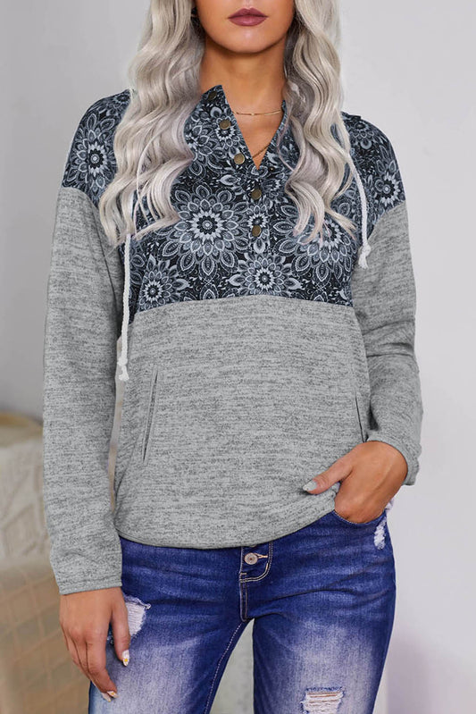 Gray Tribal Print Vintage Pocket Hoodie