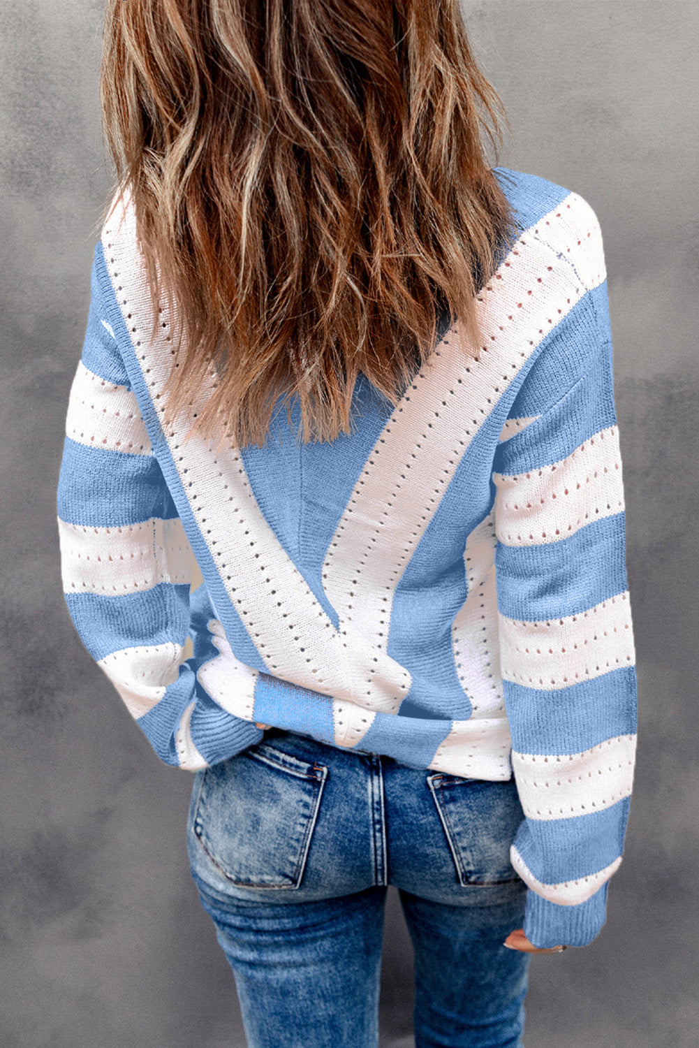 Sky Blue Striped Colorblock V Neck Knitted Sweater