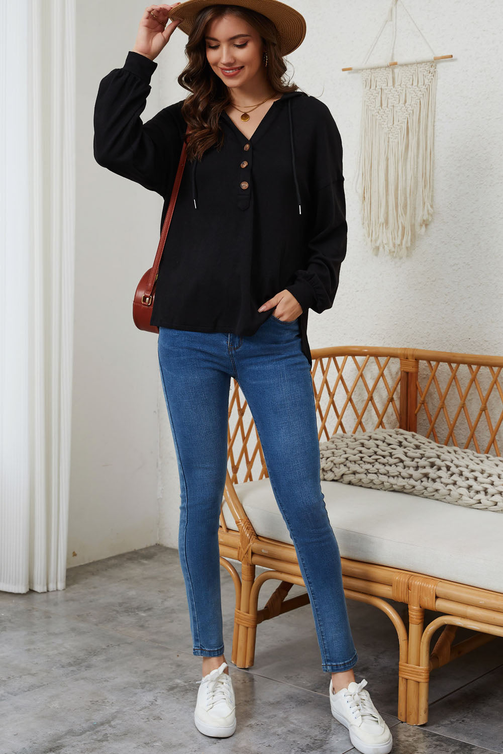 Black Buttoned High and Low Hem Hoodie