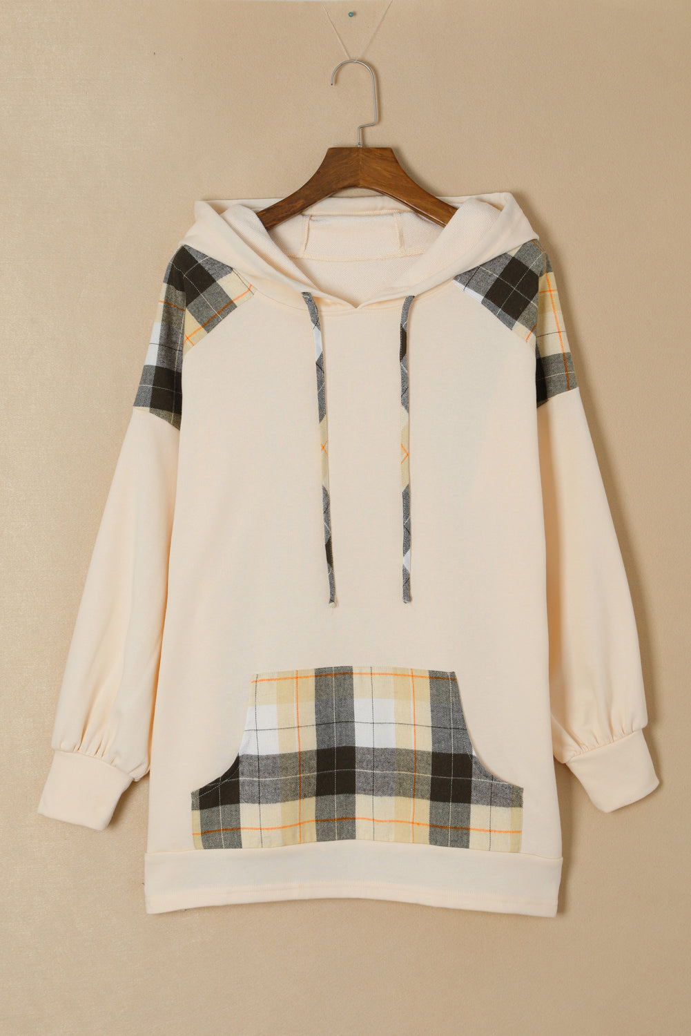 Khaki Plaid Patchwork Kangaroo Pocket Oversized Hoodie