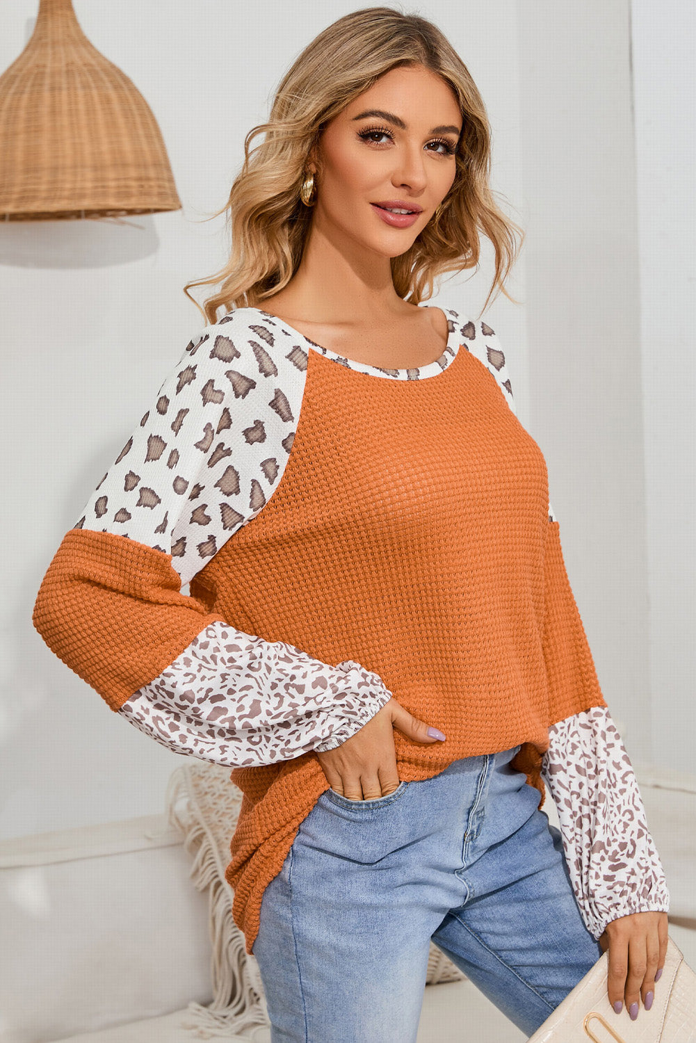 Orange Leopard Colorblock Waffle Knit Top