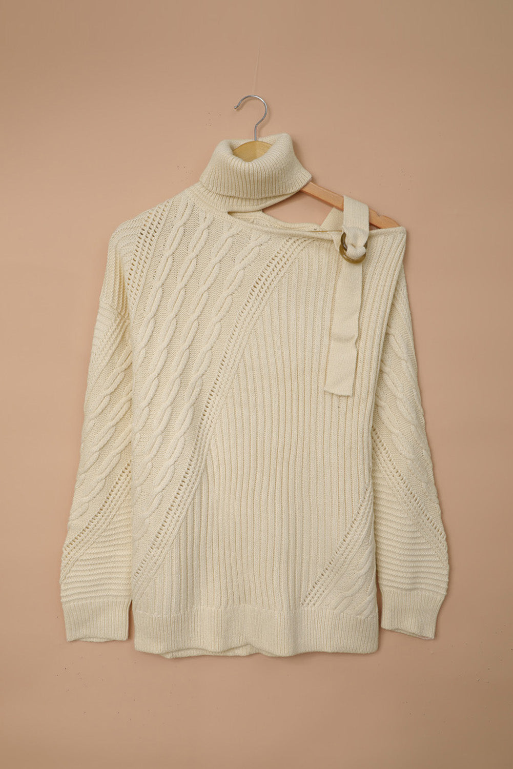 Apricot Strapped Cut out Shoulder Turtleneck Sweater