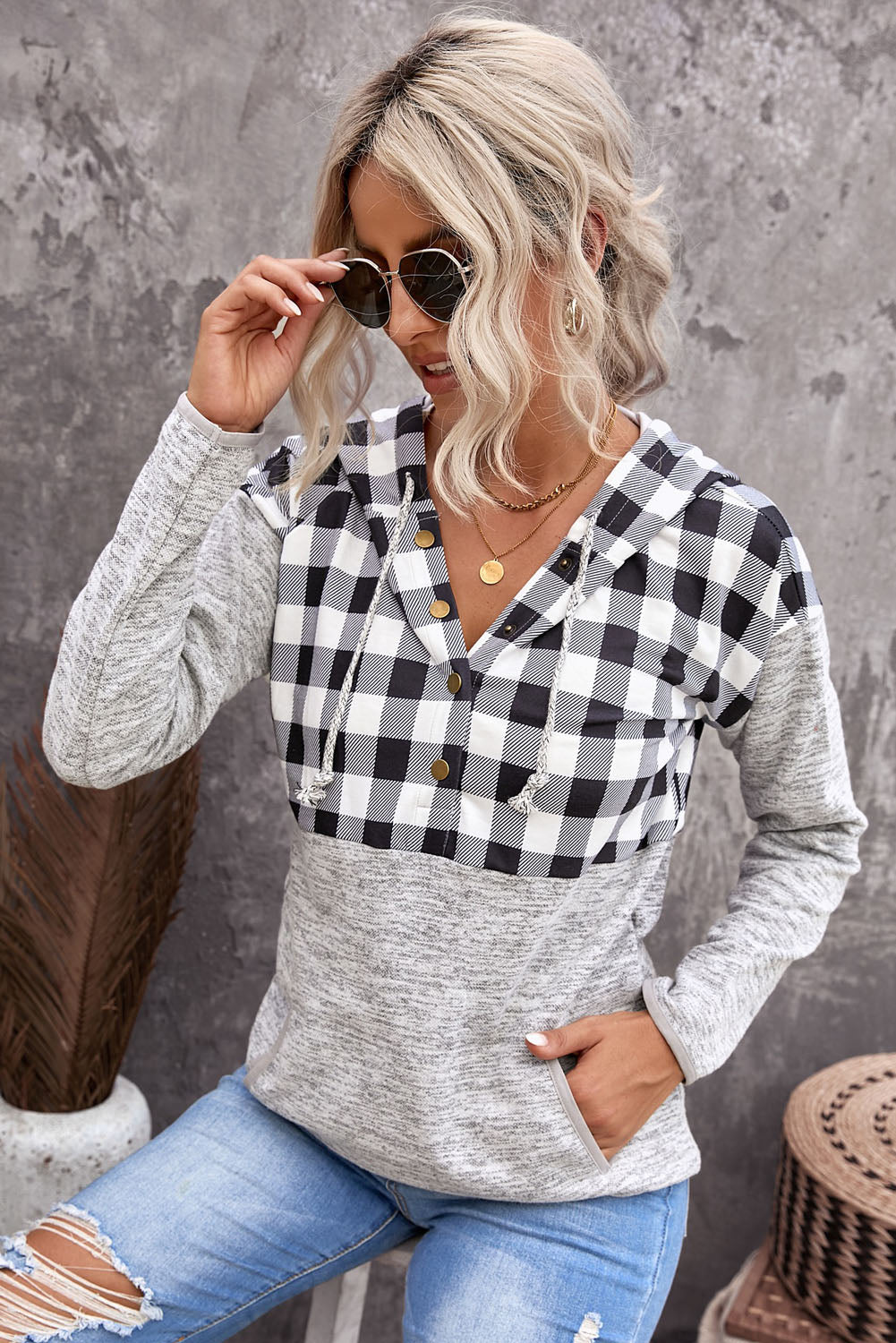 Black Plaid Splicing Pocketed Hoodie