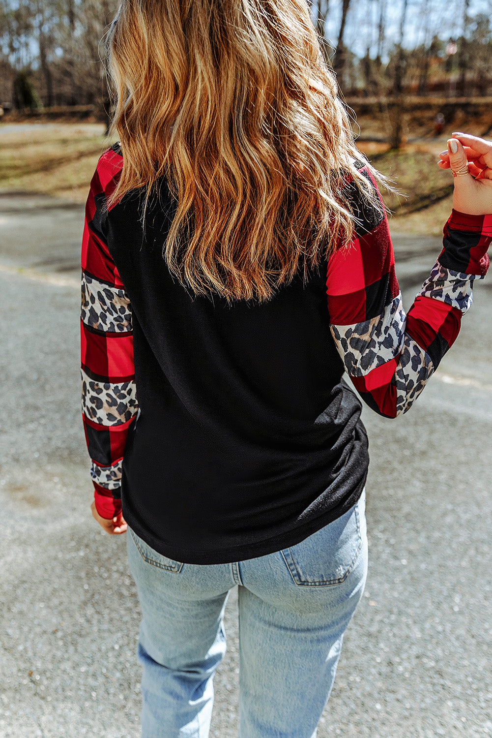 Black Off Shoulder Plaid&Leopard Print Long Sleeve Top