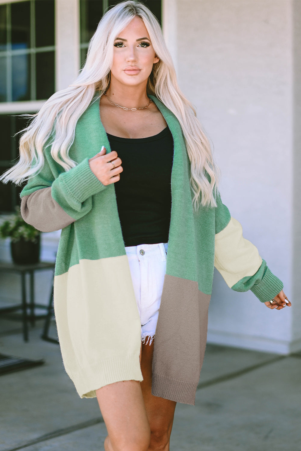 Green Colorblock Draped Open Front Chunky Cardigan