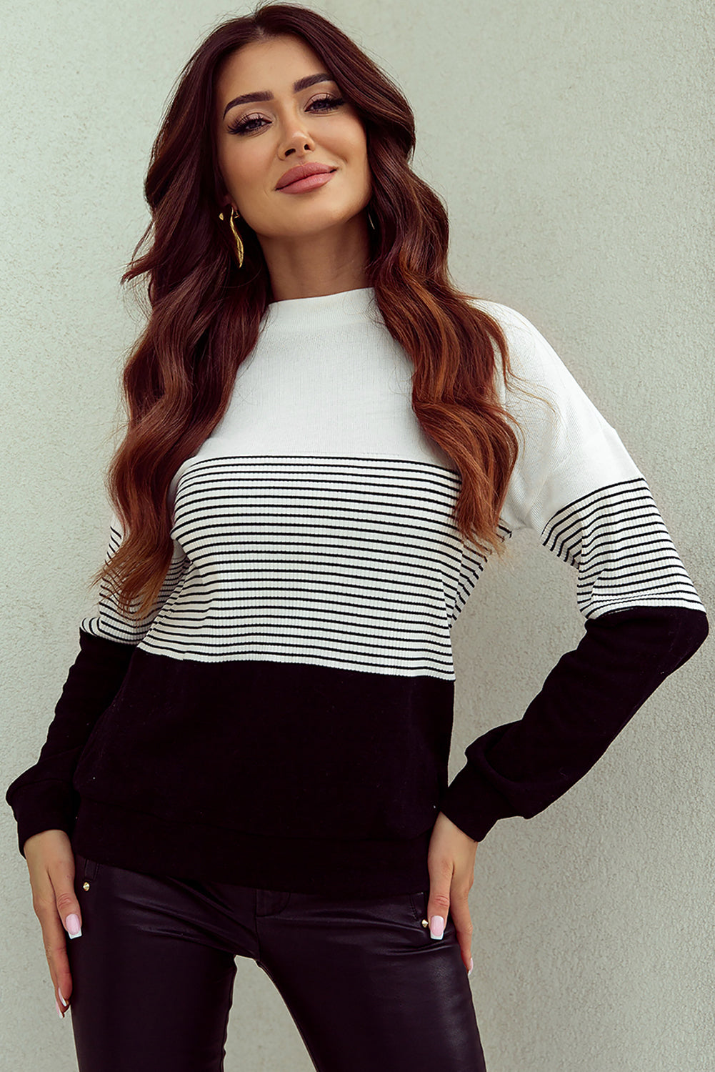 Black Striped Contrast Colorblock Knit Top