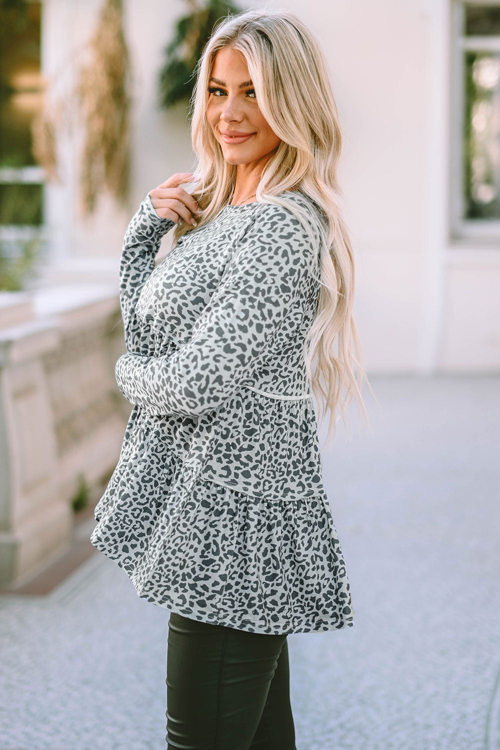 Leopard Print Long Sleeve Ruffled Babydoll Blouse