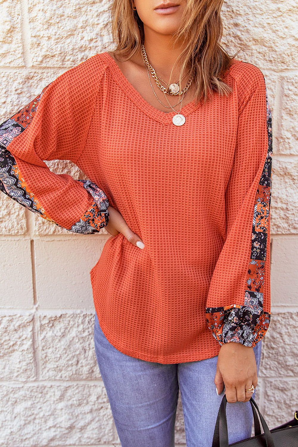 Orange Contrast Eyelet Thermal Knit Top