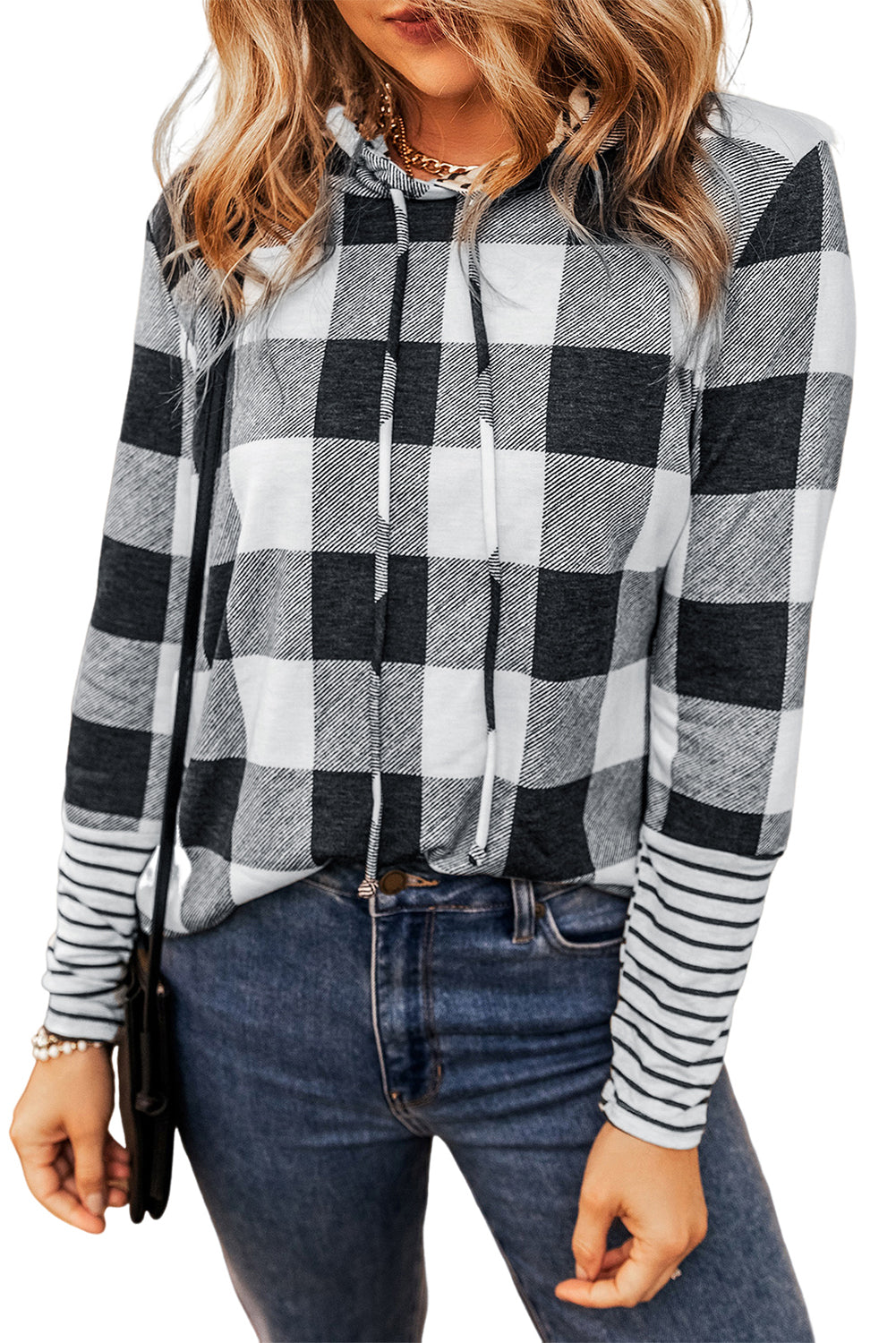 Multicolour Plaid Striped Patchwork Drawstring Hoodie