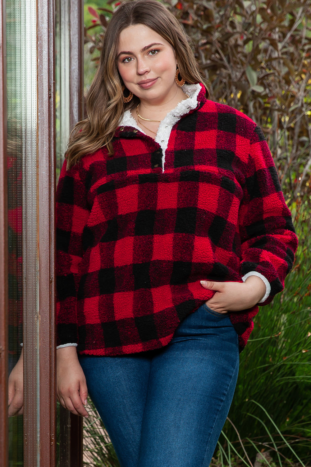 Fiery Red Plus Size Buffalo Plaid Sherpa Henley Sweatshirt