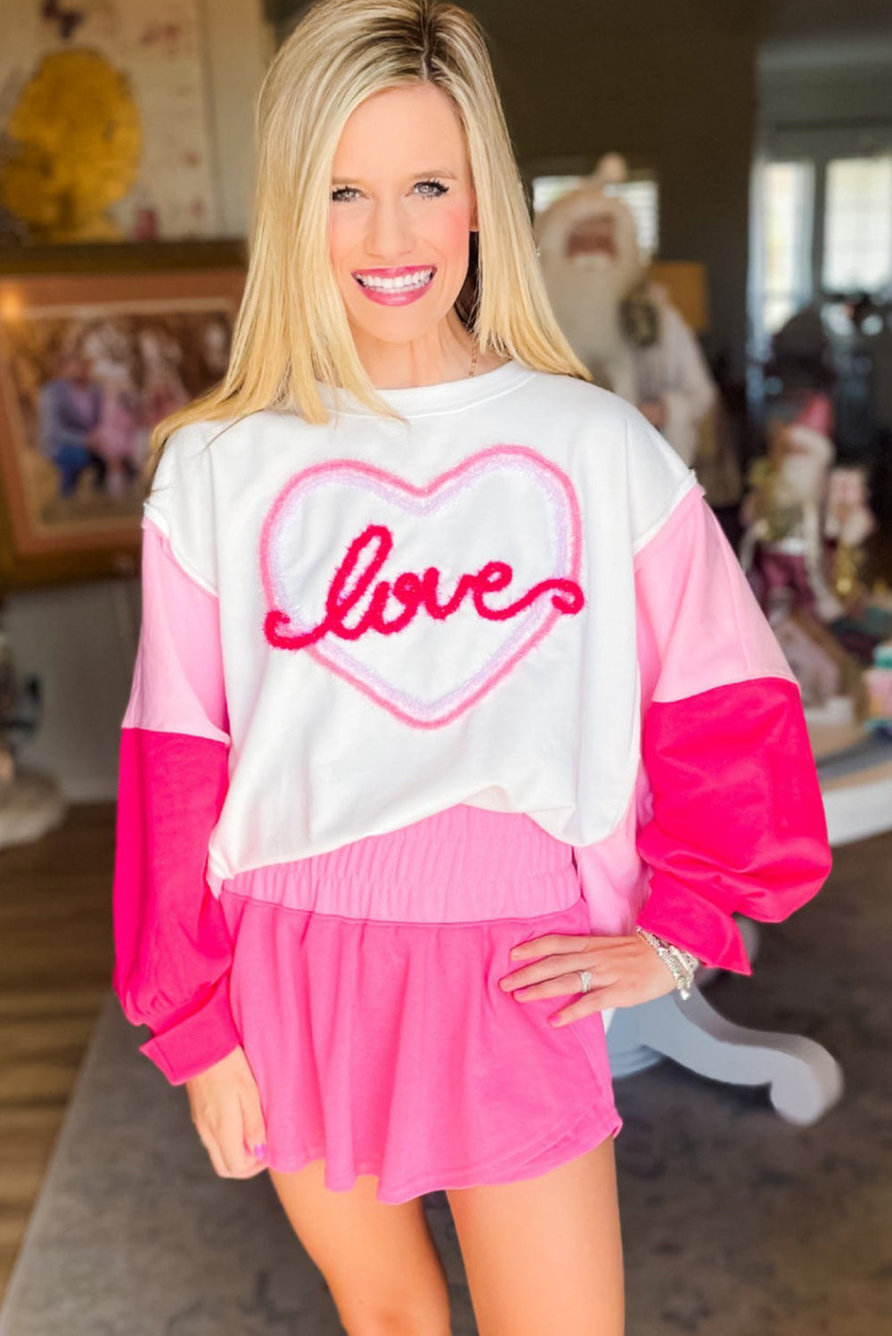 White Tinsel Love Heart Graphic Color Block Sleeve Sweatshirt