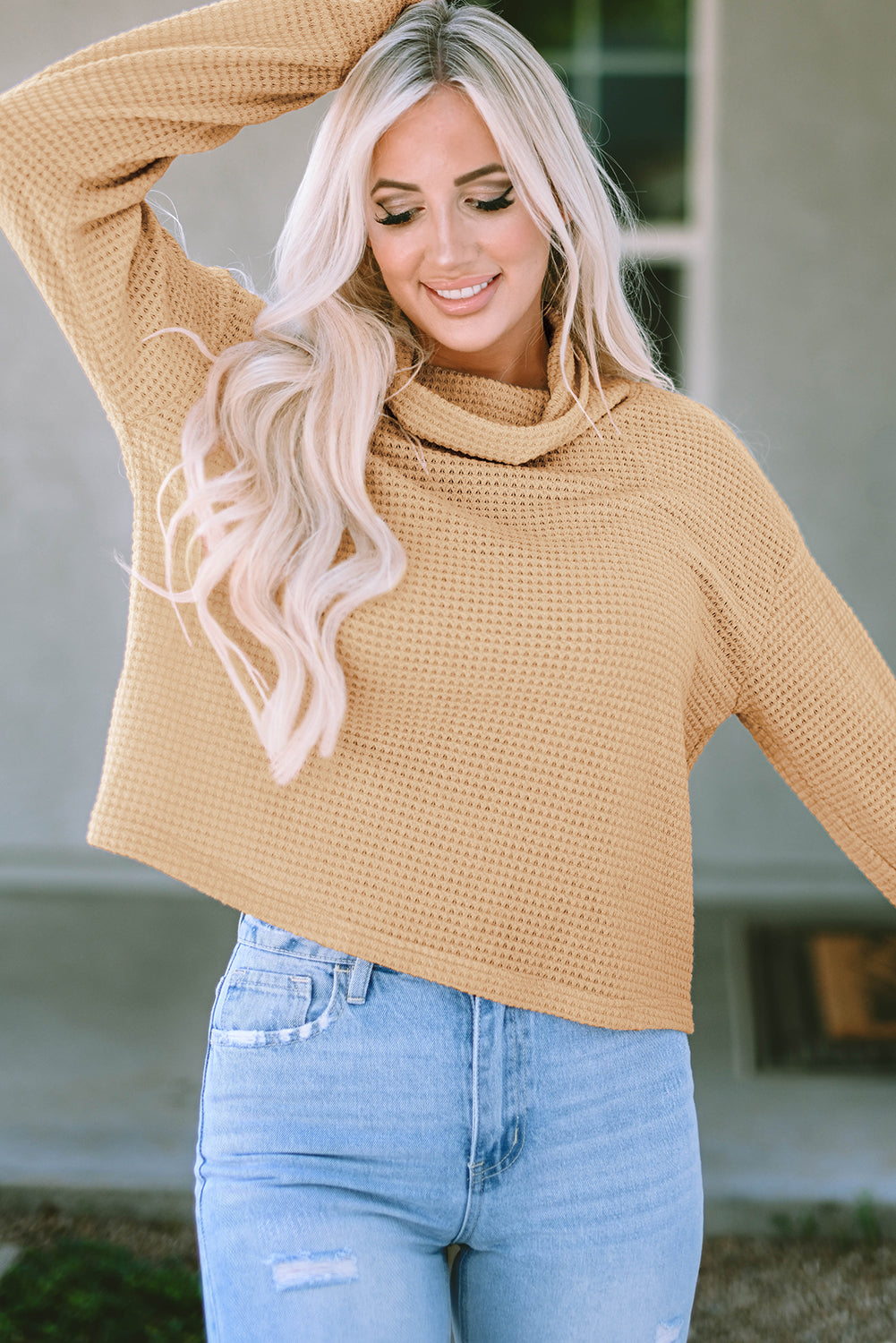 Apricot Solid Waffle Knit Turtleneck Long Sleeve Top