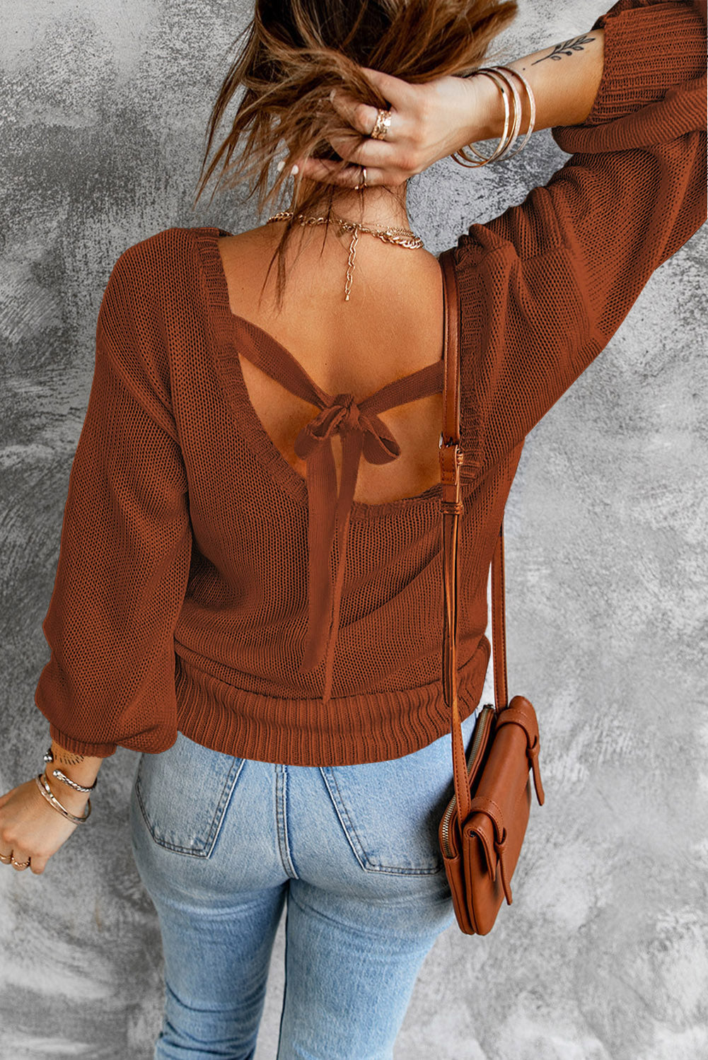 Orange Drop Shoulder Back Cut-out Sweater with Tie