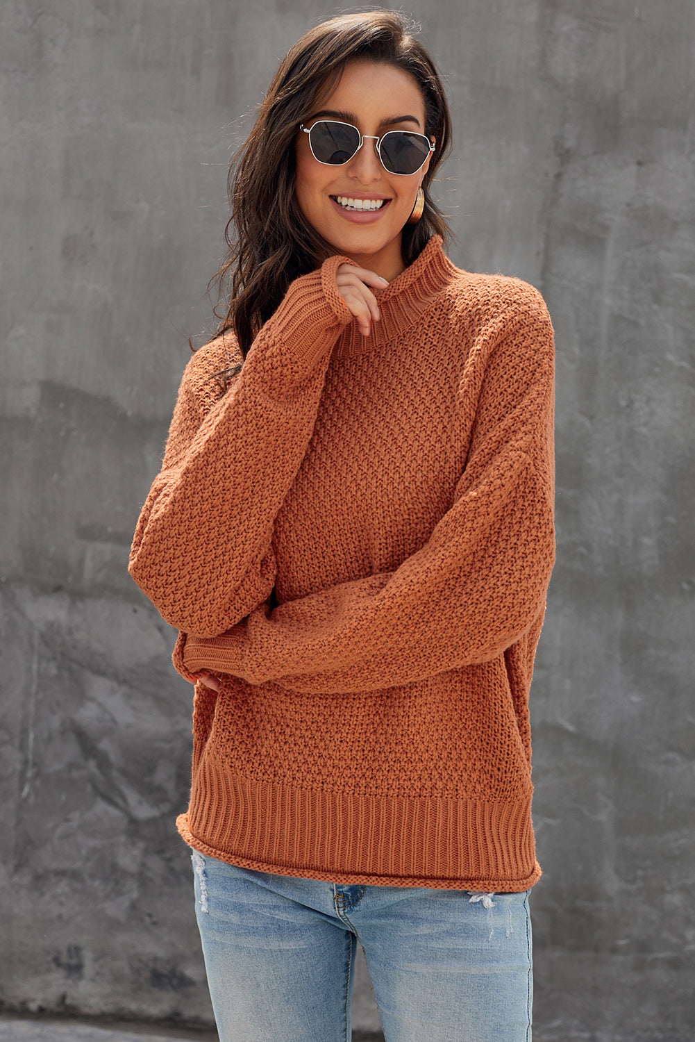 Orange Oversized Chunky Batwing Long Sleeve Turtleneck Sweater