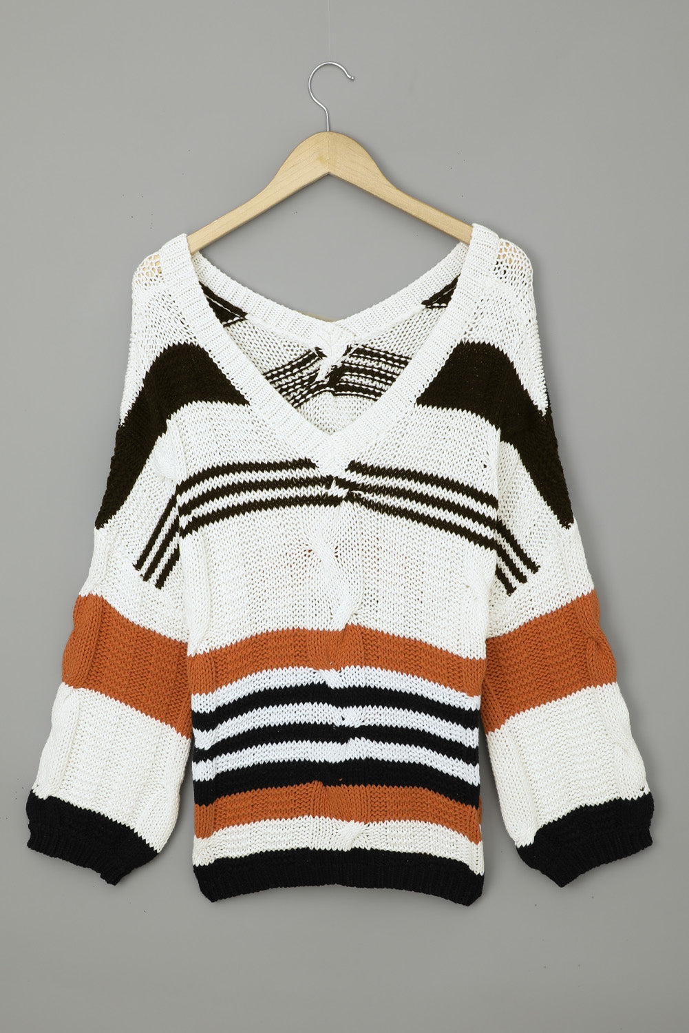 Brown Stripe Color Block Bubblegum V-Neck Braided Knit Sweater