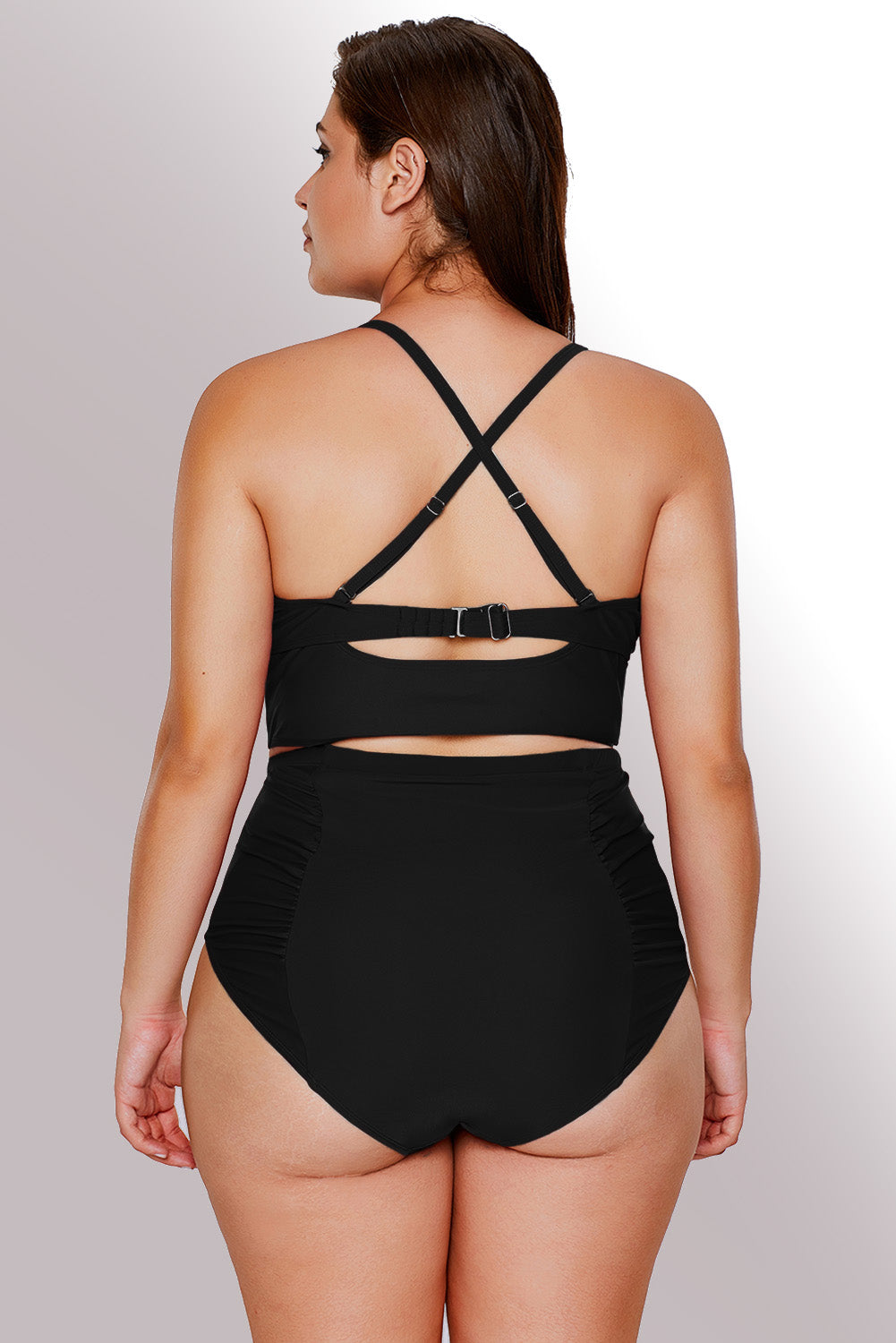 Black Strappy Neck Detail High Waist Plus Size Swimsuit