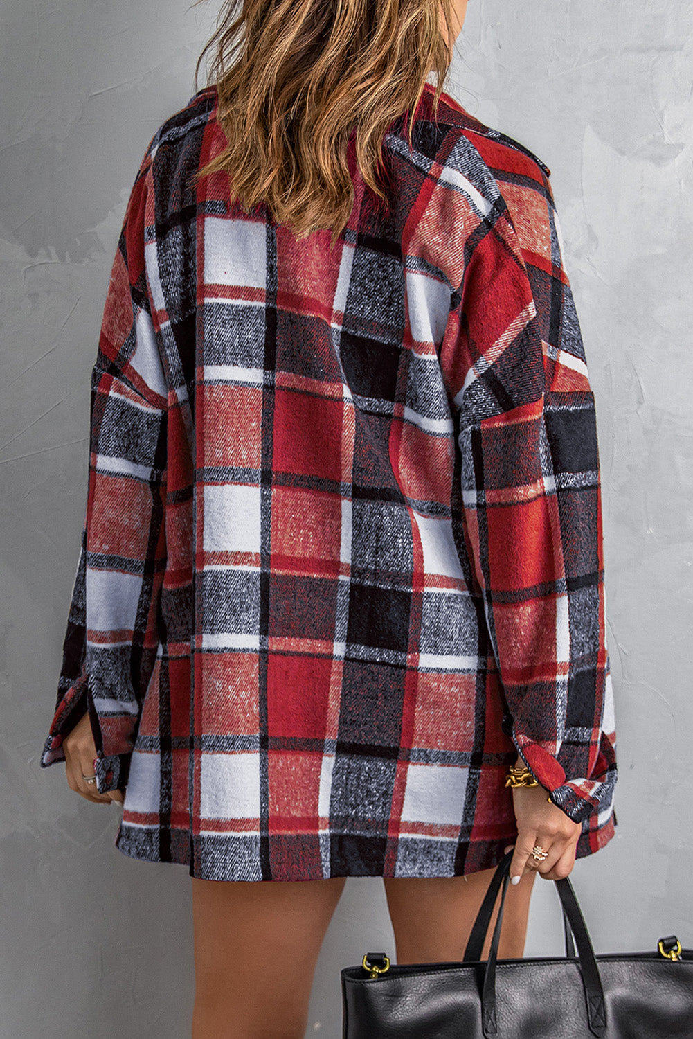 Fiery Red Plaid Print Buttoned Shirt Jacket