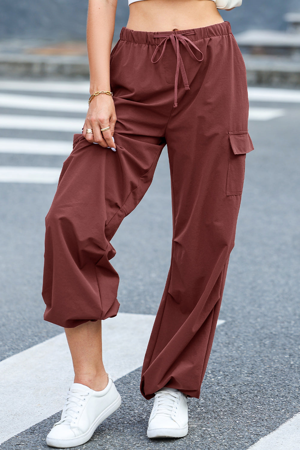 Mineral Red Solid Color Drawstring Waist Wide Leg Cargo Pants