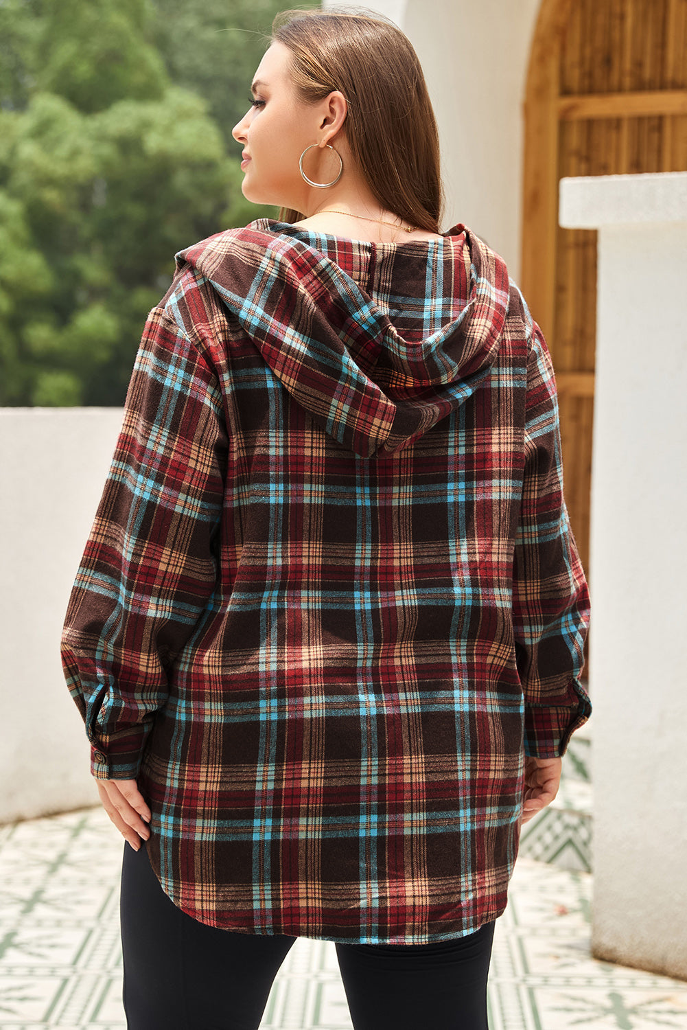 Fiery Red Plus Size Plaid Kangaroo Pocket Drawstring Hoodie