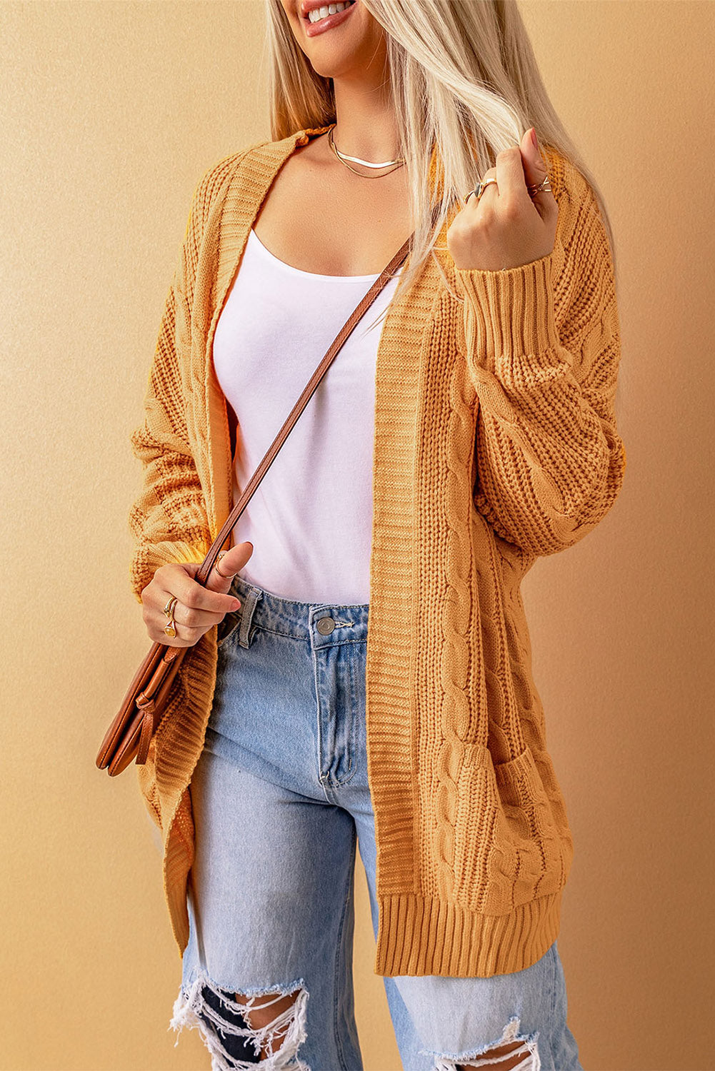 Mustard Knit Texture Long Cardigan