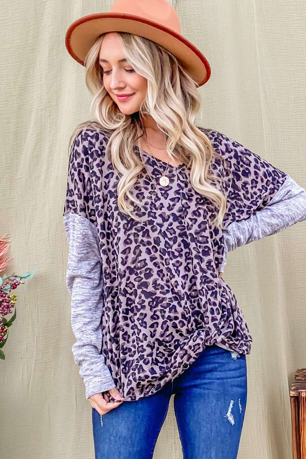 Leopard Print Drop Shoulder Patchwork Sleeve Top