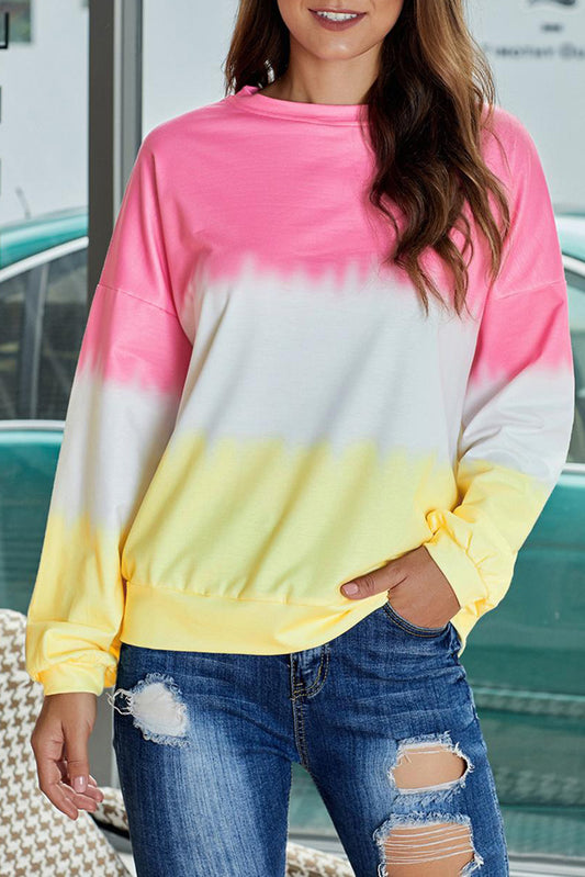 Pink Color Block Tie Dye Pullover Sweatshirt