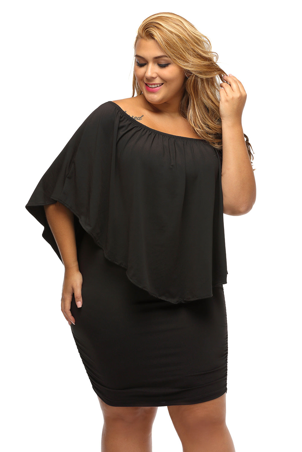 Plus size  Dressing Layered Black Mini Poncho Dress