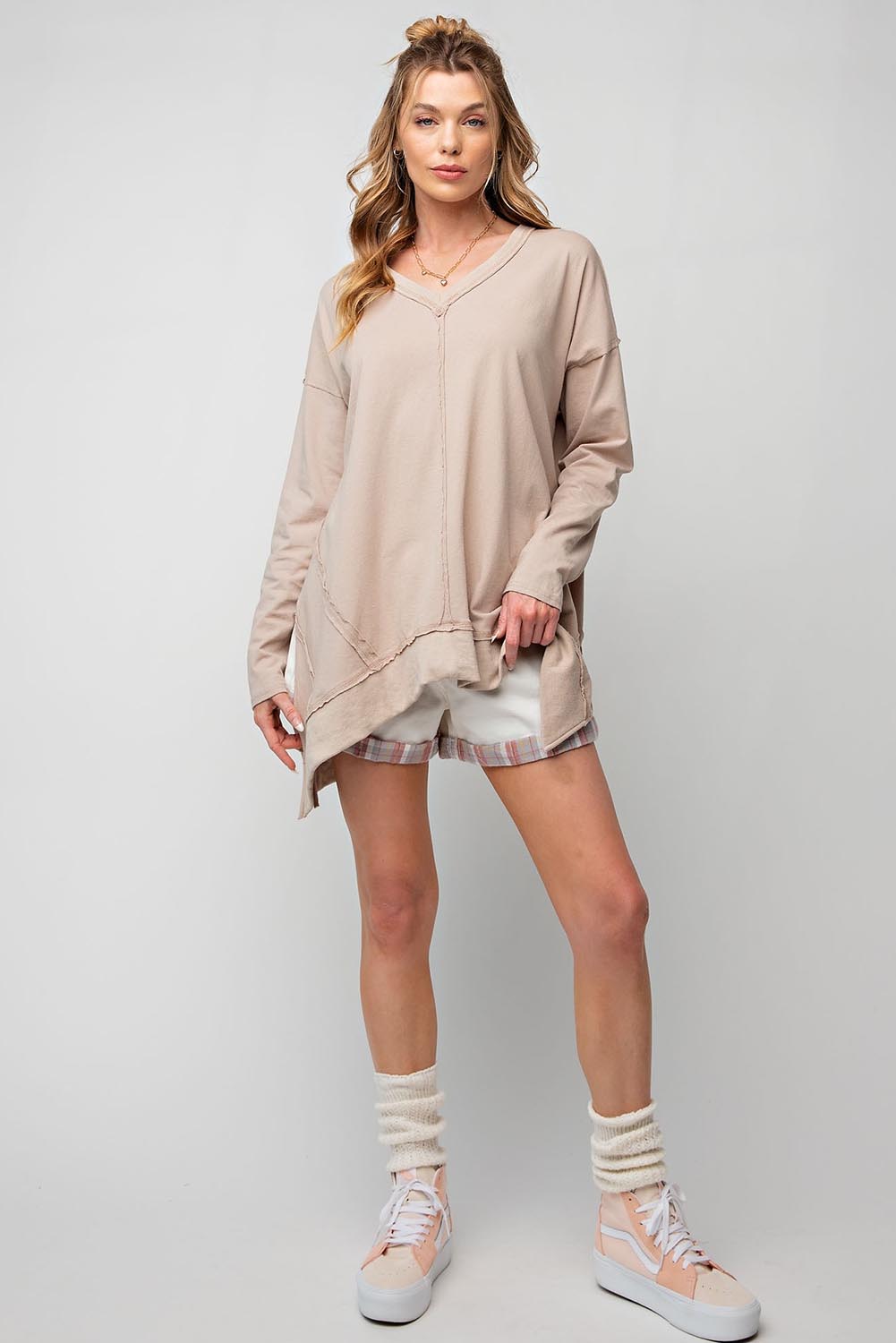 Apricot Exposed Seam V Neck Split Hem Tunic Top