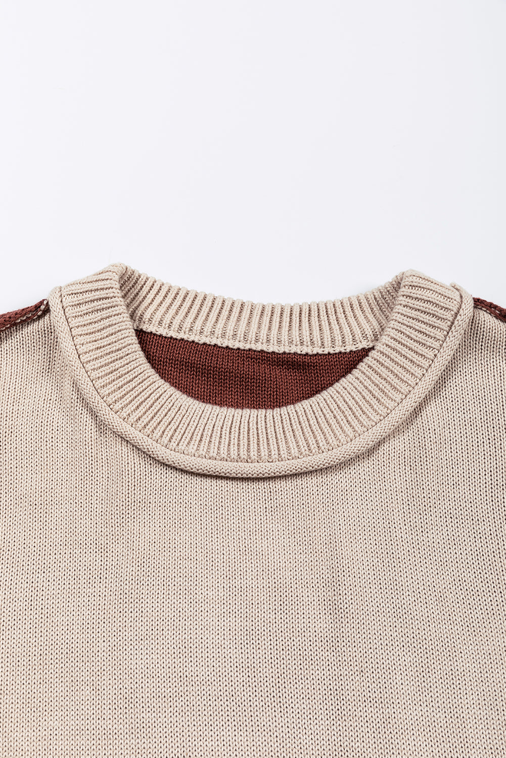 Coffee Colorblock Bishop Sleeve Ribbed Trim Sweater