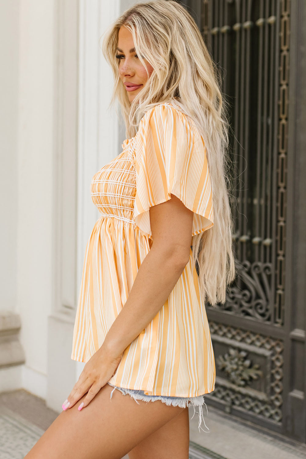 Yellow Striped Print Smocked Flowy Blouse