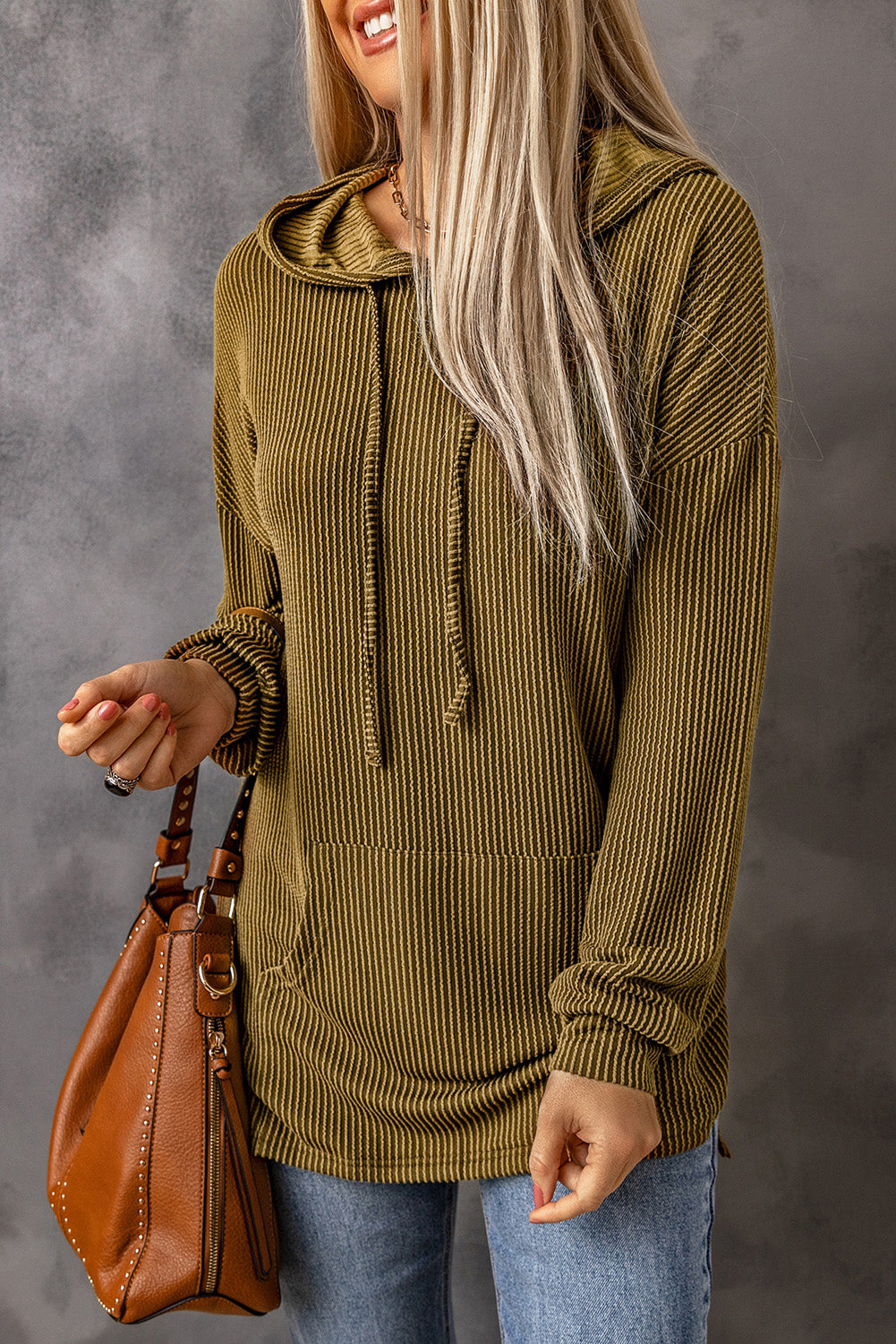 Green Ribbed Drawstring Pullover Hoodie with Kangaroo Pocket