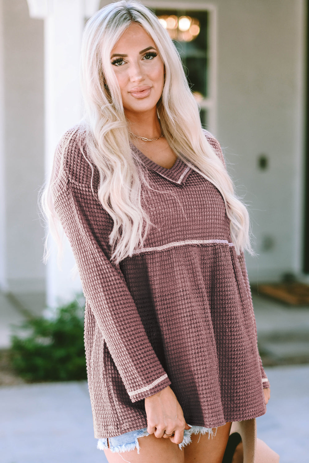 Pink Waffle Knit V Neck Long Sleeve Babydoll Top