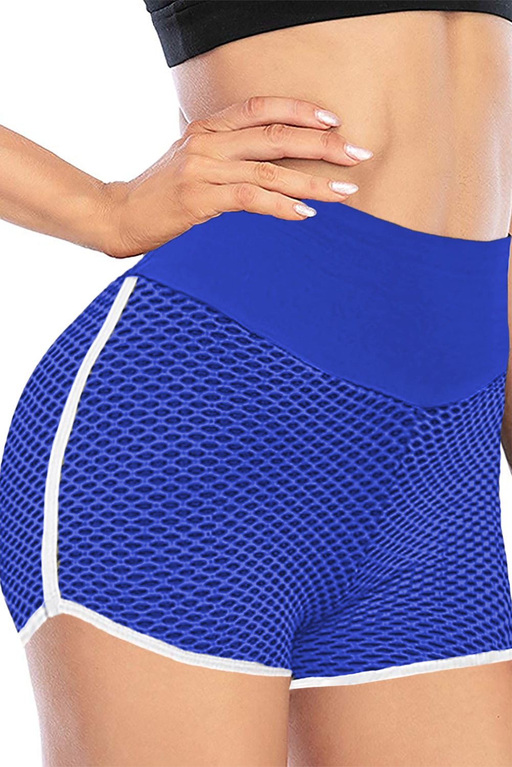 Blue High Waist Honeycomb Contrast Stripes Butt Lifting Yoga Shorts