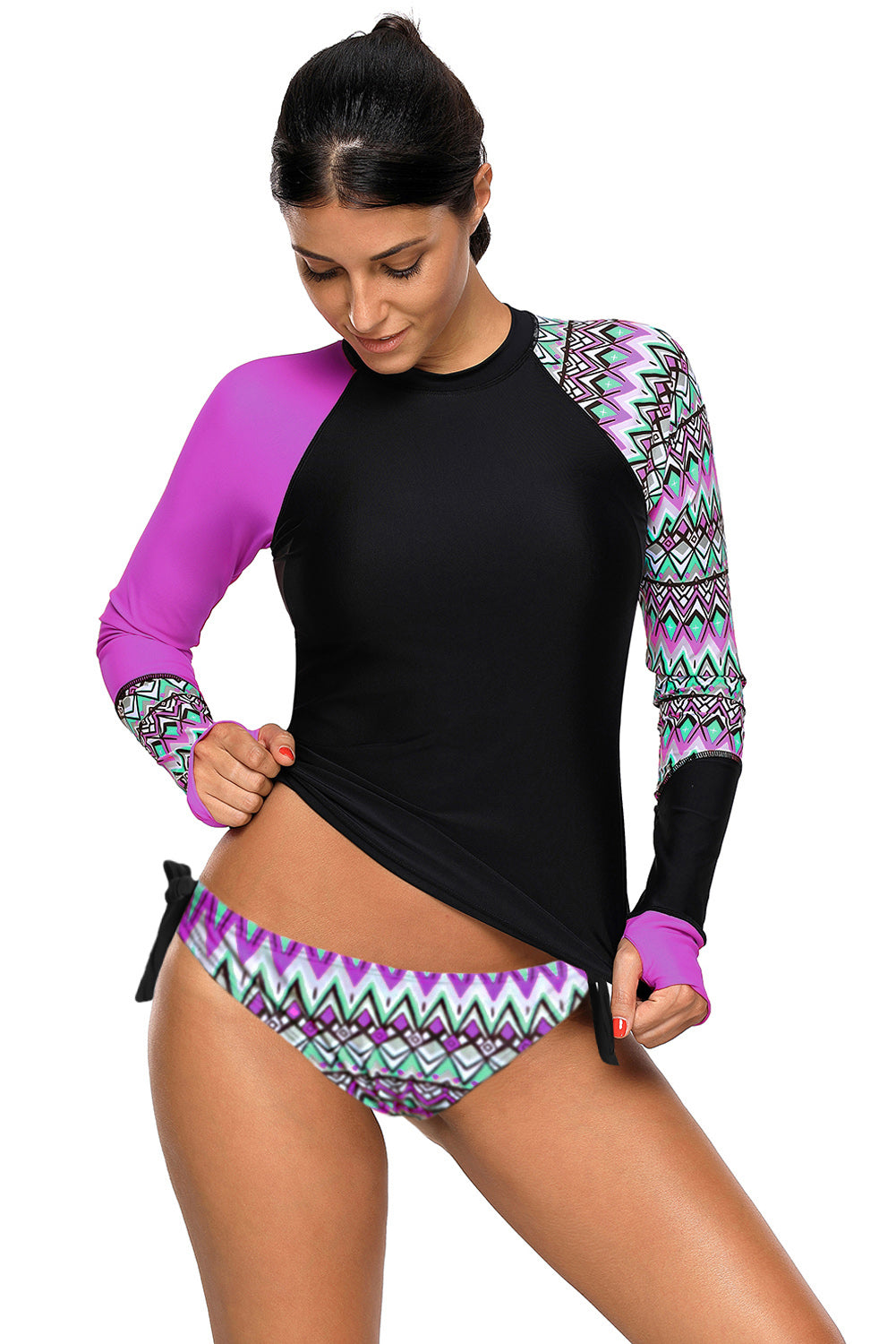 Contrast Purple Detail Long Sleeve Tankini Swimsuit