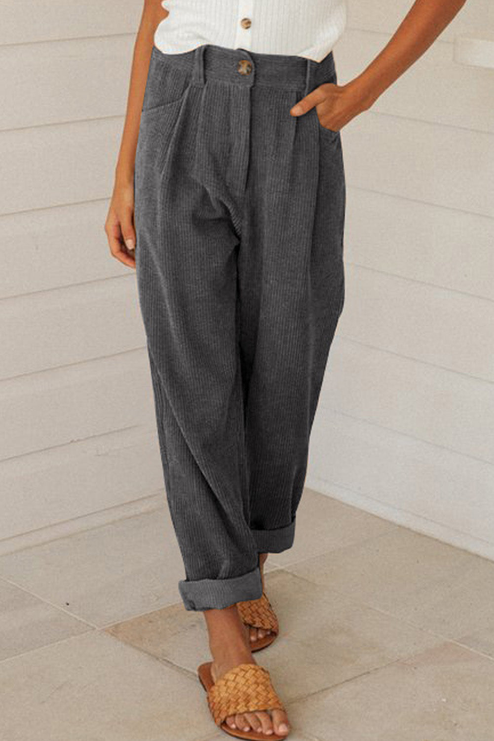 Gray Corduroy High Waist Straight Leg Pants