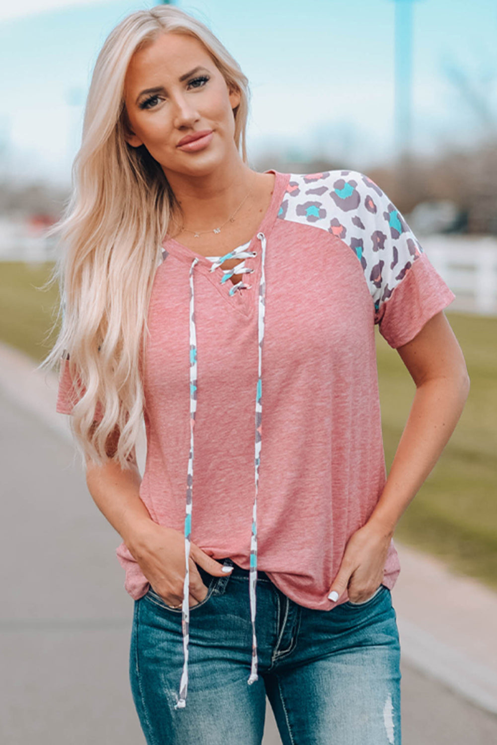 Pink Lace up Leopard Sleeve T Shirt