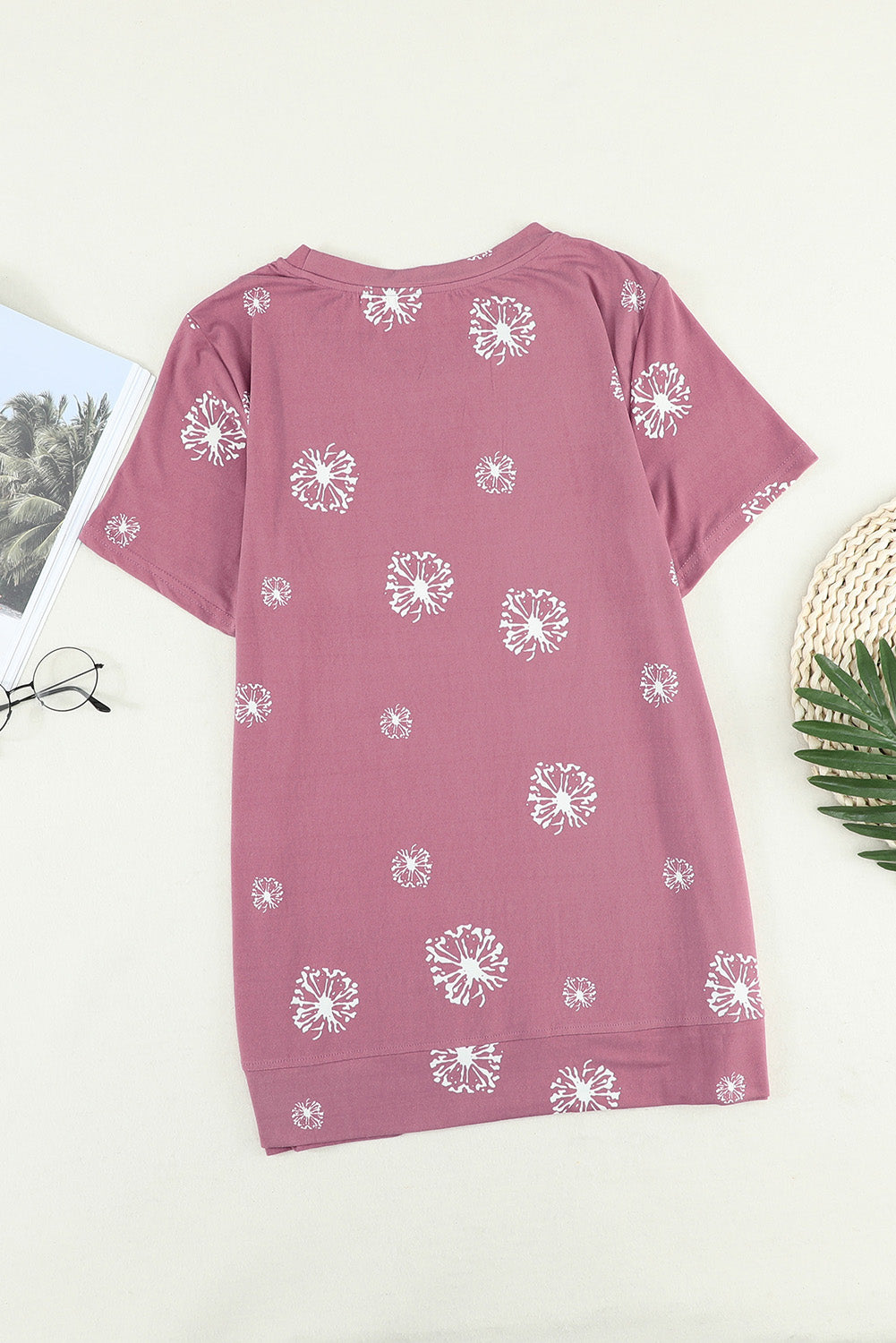 Pink Dandelion Print Crew Neck T-shirt