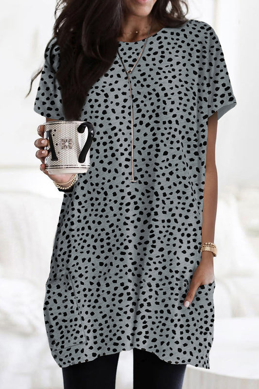 Gray Leopard Print Side Pockets Tunic Top