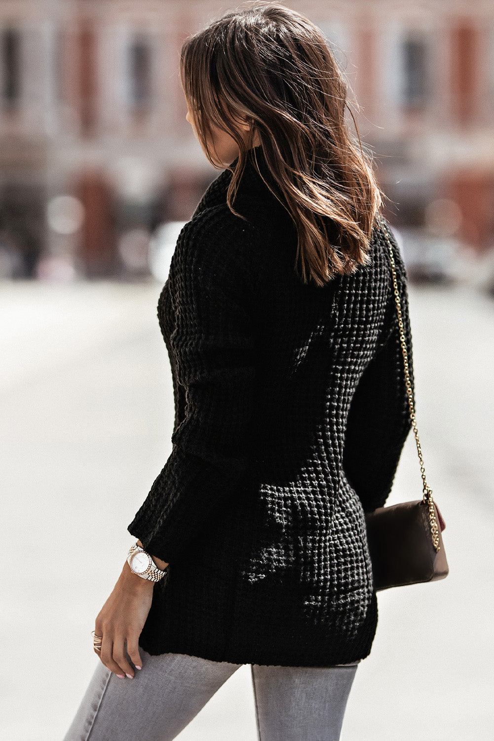 Black Buttoned Wrap Turtleneck Sweater