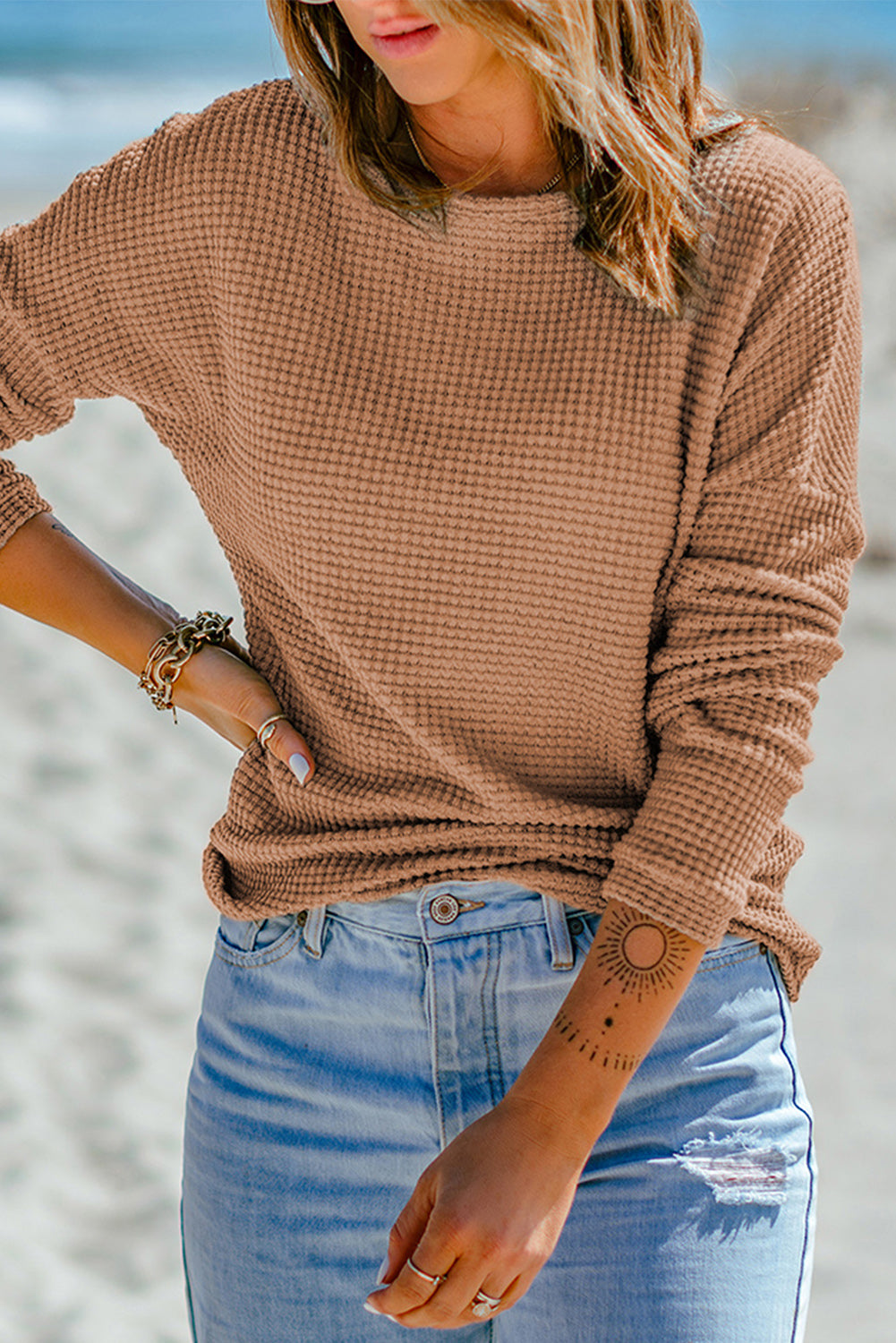 Khaki Waffle Knit Drop Shoulder Long Sleeve Top