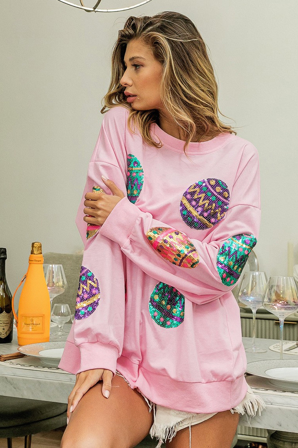 Pink Sequined Easter Egg Drop Shoulder Oversized Sweatshirt