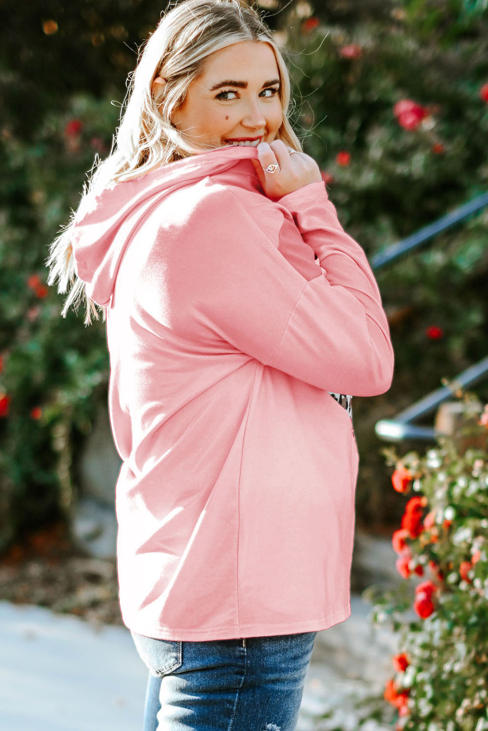 Pink Plus Size Taupe Chevron Hooded Top